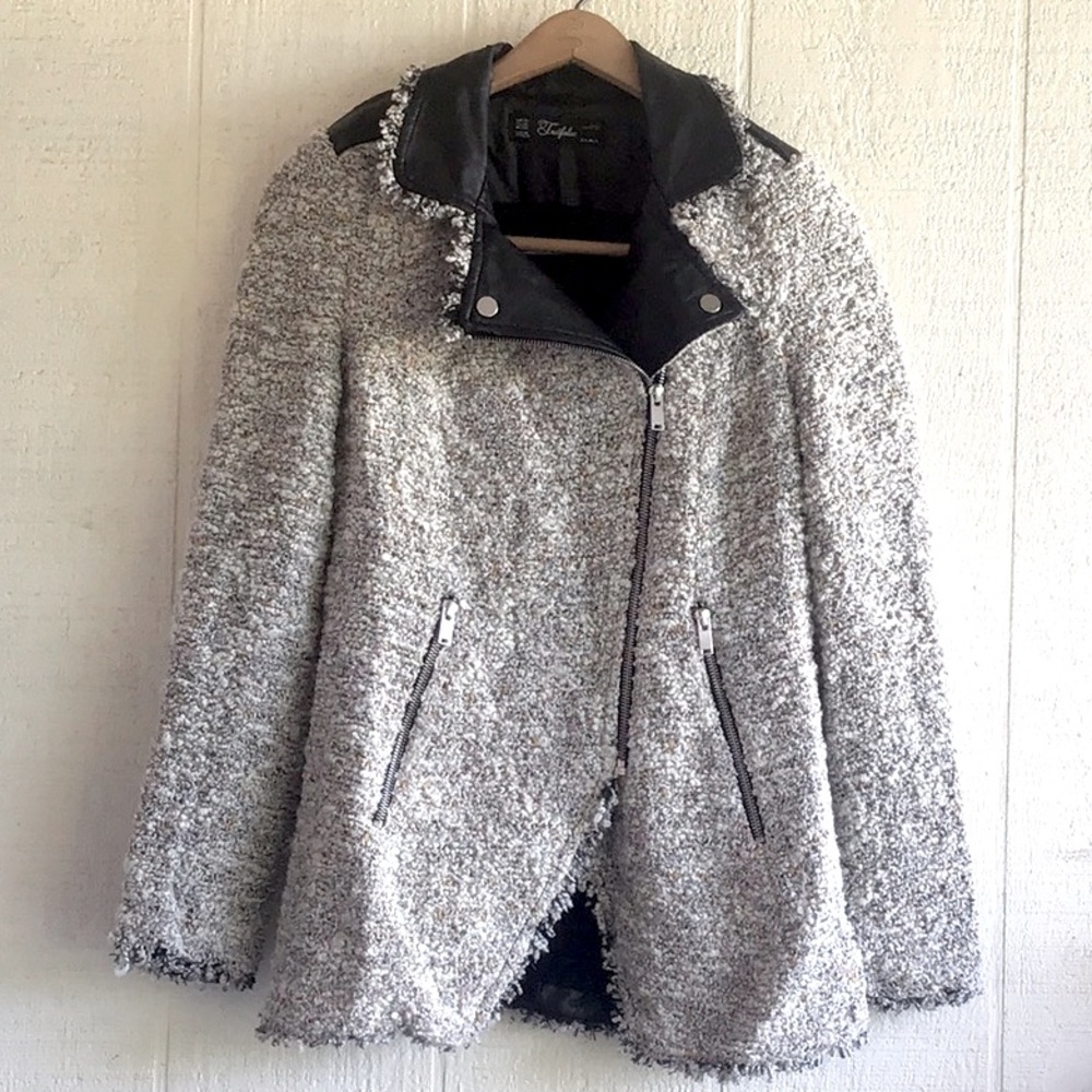 Zara tweed boucle moto faux leather jacket coat